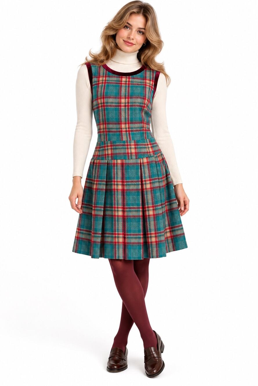 Esley Teal & Red Plaid Wool Drop Waist Pinafore Dress w/ Burgundy Velvet Trim